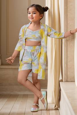 Yellow printed sleeveless crop top and shorts with shrug co-ords for girls 1