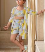 Yellow printed sleeveless crop top and shorts with shrug co-ords for girls