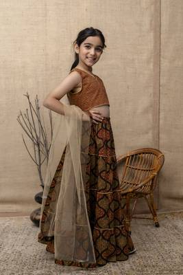 Brown printed lehenga choli with dupatta for girls 4
