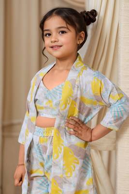 Yellow printed sleeveless crop top and shorts with shrug co-ords for girls 2