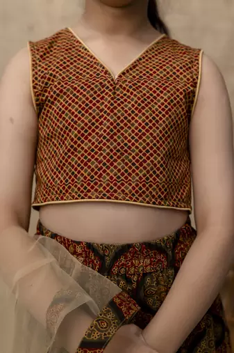Brown printed lehenga choli with dupatta for girls