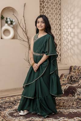 Green dyed printed saree with blouse for girls 1