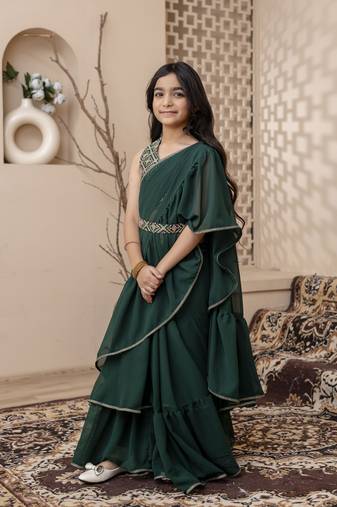 Green dyed printed saree with blouse for girls