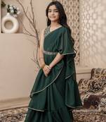 Green dyed printed saree with blouse for girls