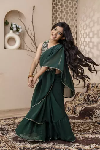 Green dyed printed saree with blouse for girls