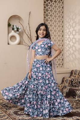 blue floral printed top skirt set with dupatta for girls 1