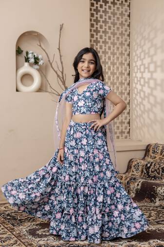 blue floral printed top skirt set with dupatta for girls