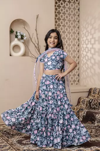 blue floral printed top skirt set with dupatta for girls