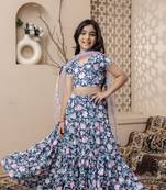 blue floral printed top skirt set with dupatta for girls