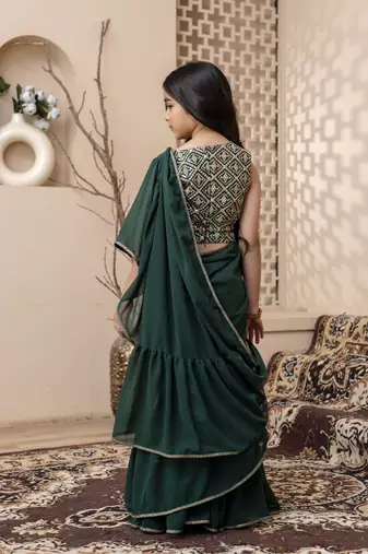 Green dyed printed saree with blouse for girls