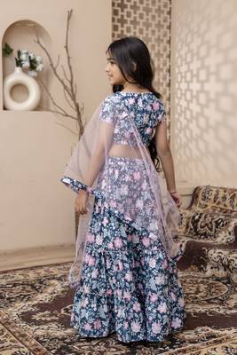 blue floral printed top skirt set with dupatta for girls 2