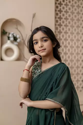 Green dyed printed saree with blouse for girls