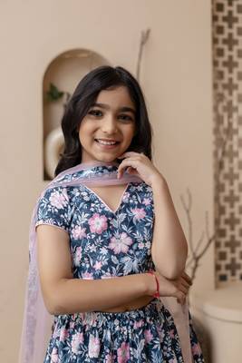 blue floral printed top skirt set with dupatta for girls 3