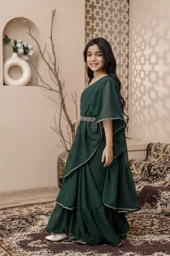 Green dyed printed saree with blouse for girls