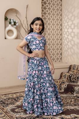 blue floral printed top skirt set with dupatta for girls 4