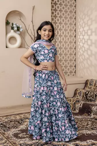 blue floral printed top skirt set with dupatta for girls