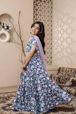 blue floral printed top skirt set with dupatta for girls 5
