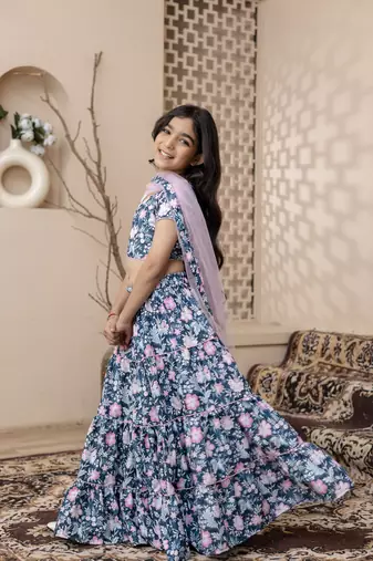 blue floral printed top skirt set with dupatta for girls