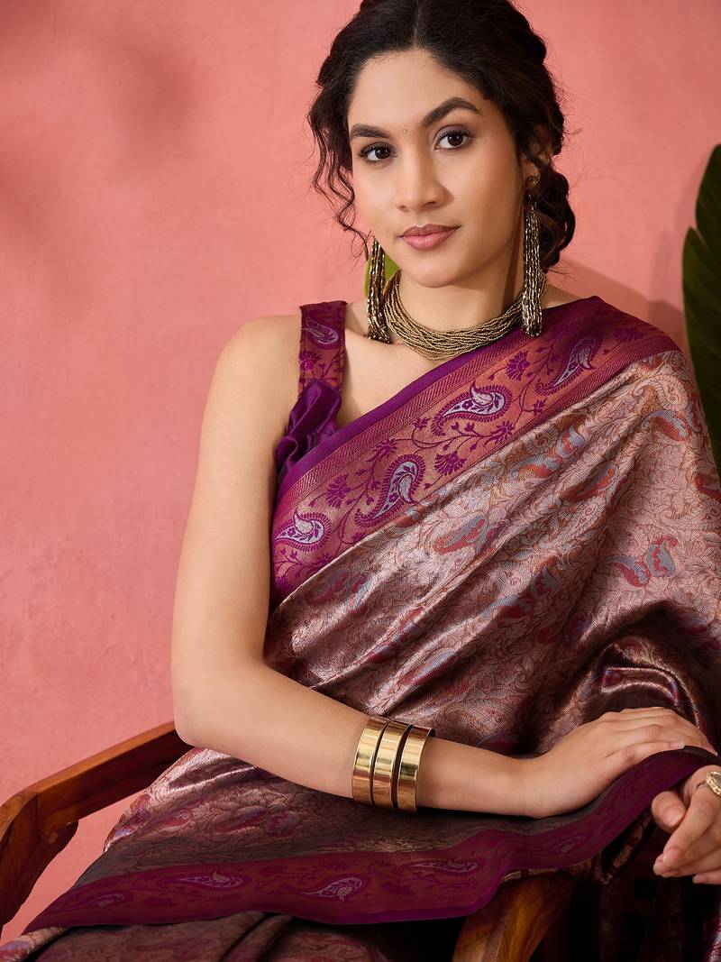 maroon Poly silk blend Saree with Blouse