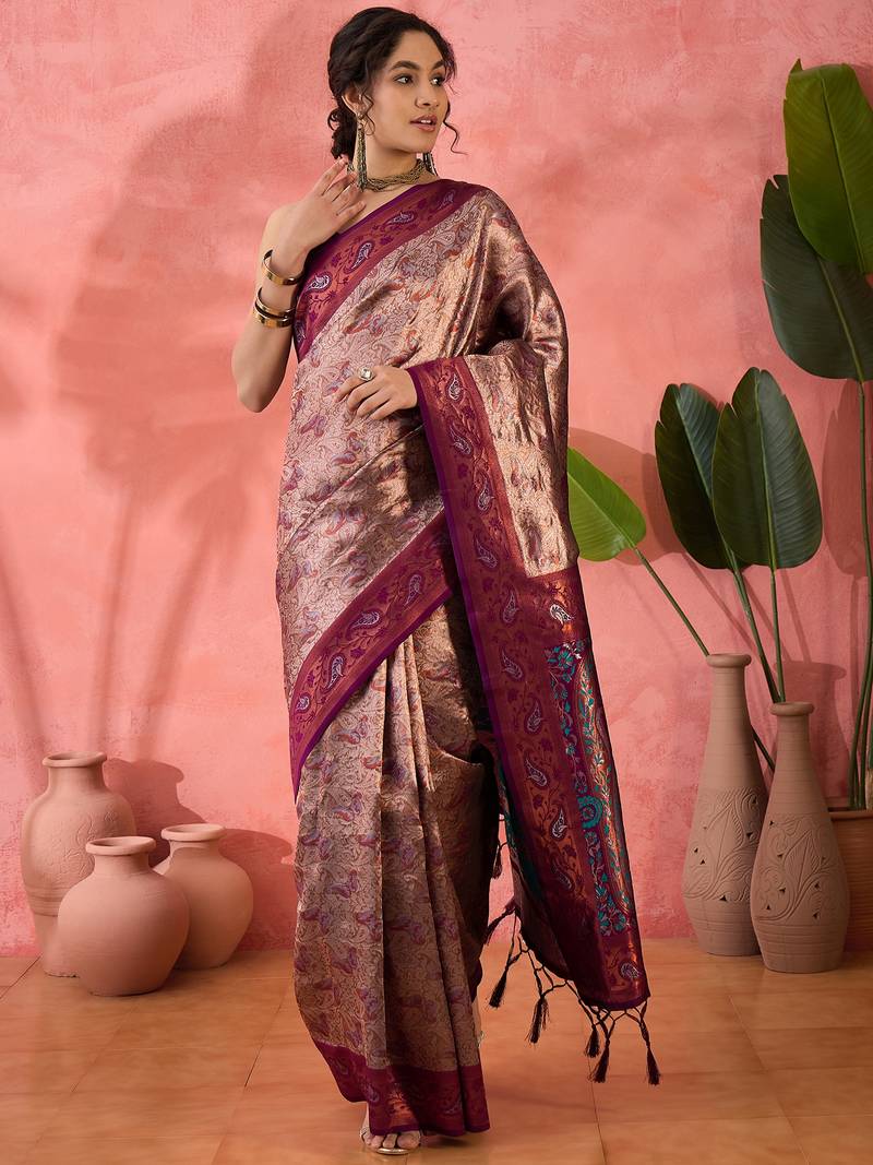 maroon Poly silk blend Saree with Blouse