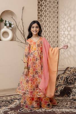 orange embroidered kurta skirt with dupatta for girls 1