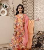 orange embroidered kurta skirt with dupatta for girls