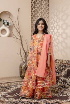 orange embroidered kurta skirt with dupatta for girls 2
