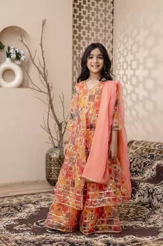 orange embroidered kurta skirt with dupatta for girls
