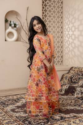 orange embroidered kurta skirt with dupatta for girls 3
