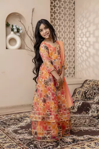 orange embroidered kurta skirt with dupatta for girls