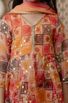 orange embroidered kurta skirt with dupatta for girls 4