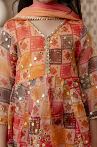 orange embroidered kurta skirt with dupatta for girls