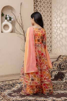 orange embroidered kurta skirt with dupatta for girls 5