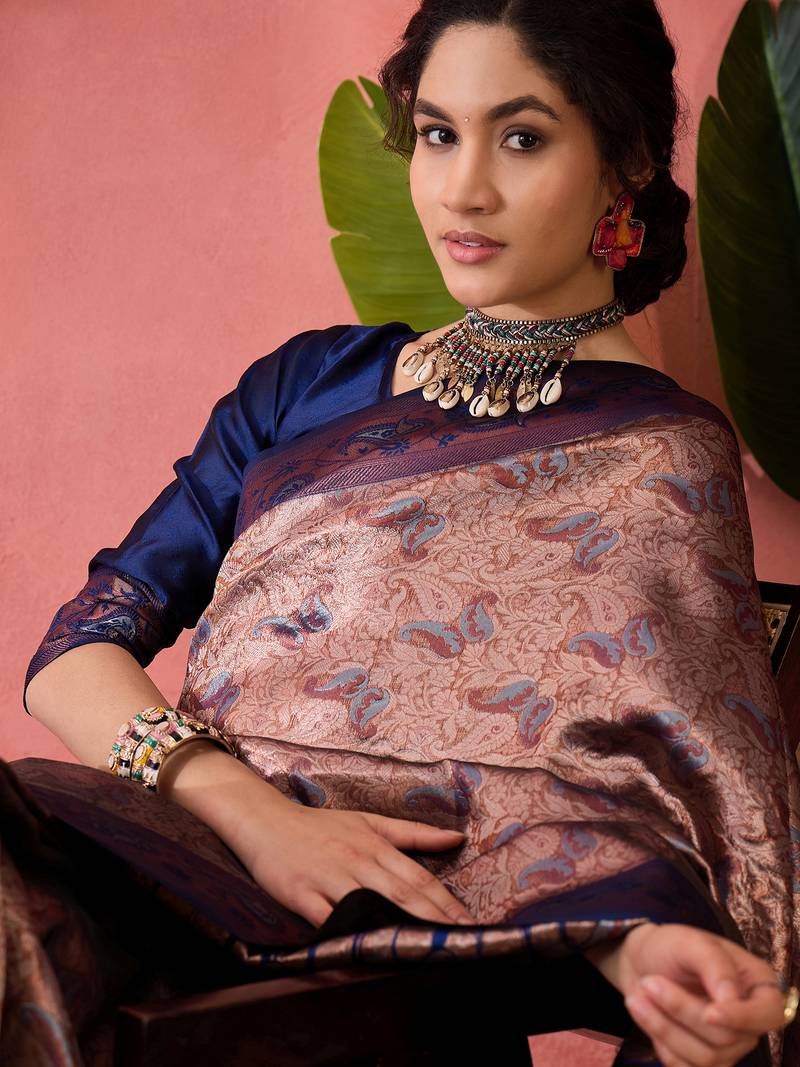 navy blue Poly silk blend Saree with Blouse