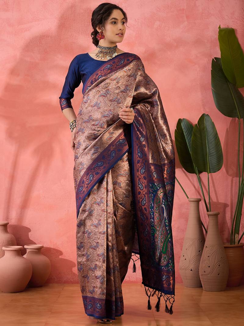 navy blue Poly silk blend Saree with Blouse