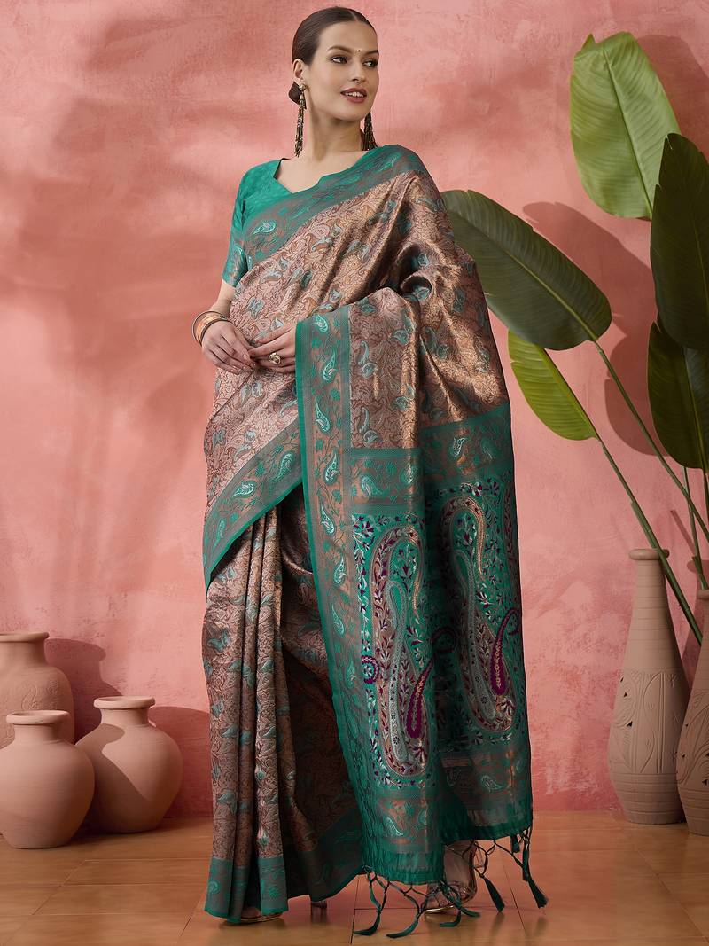 green Poly silk blend Saree with Blouse