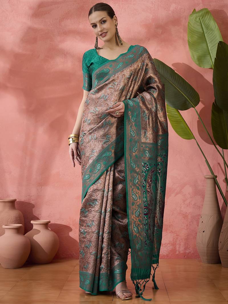green Poly silk blend Saree with Blouse
