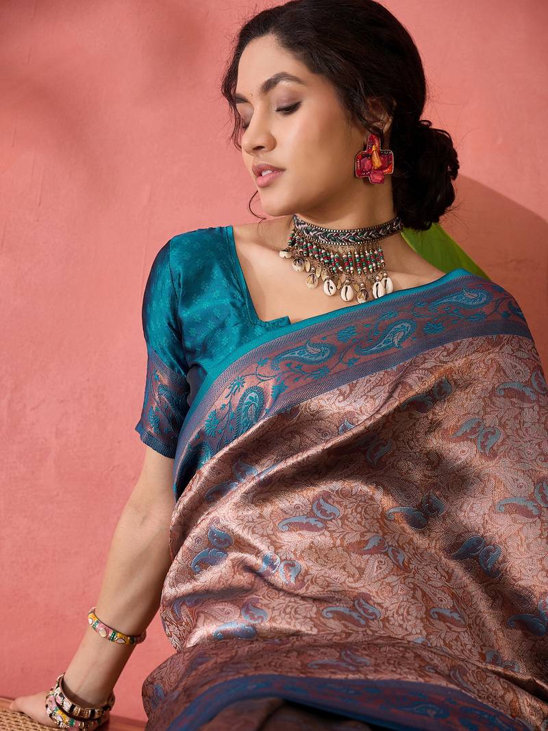 teal Poly silk blend Saree with Blouse