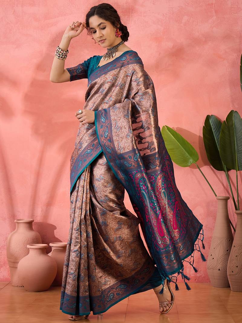 teal Poly silk blend Saree with Blouse
