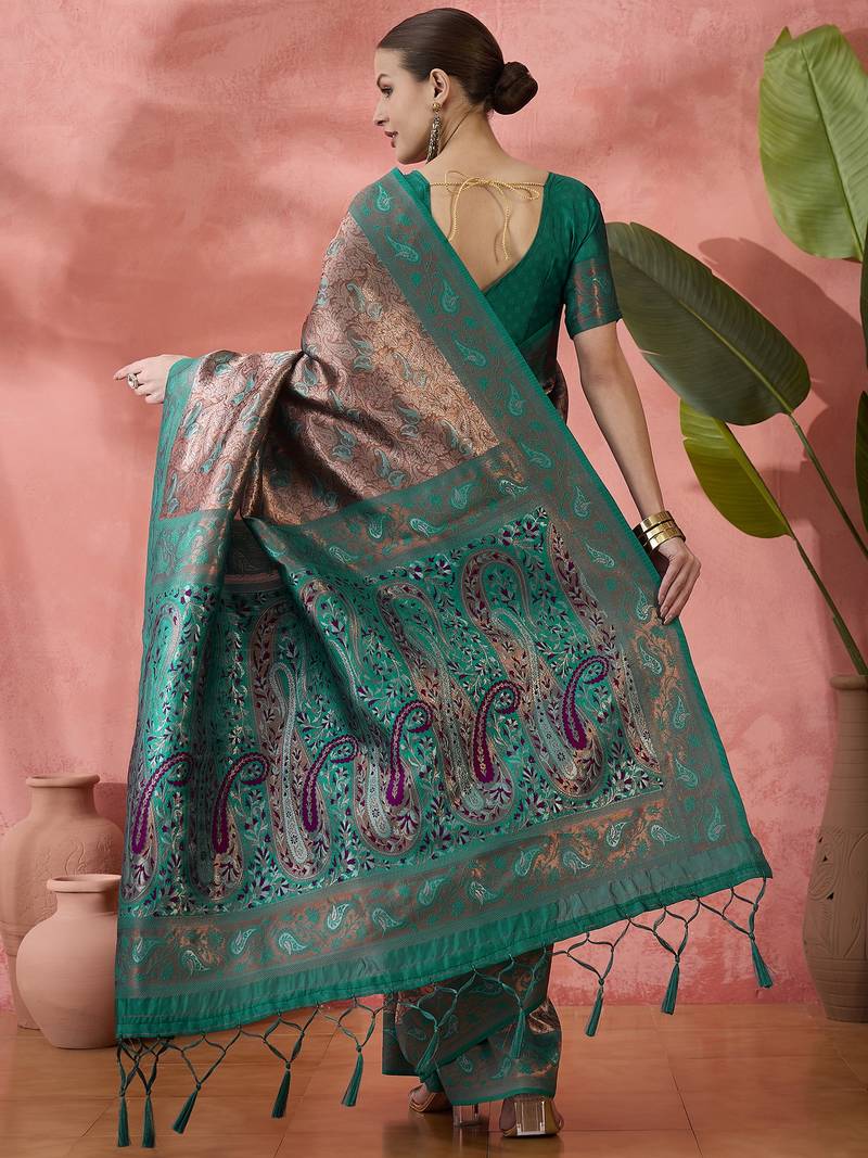green Poly silk blend Saree with Blouse