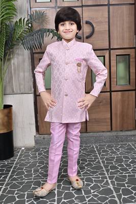 Pink lilac ethnic motifs jacquard sherwani & pant set for boys 1