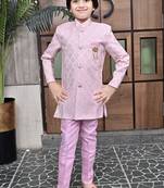 Pink lilac ethnic motifs jacquard sherwani & pant set for boys