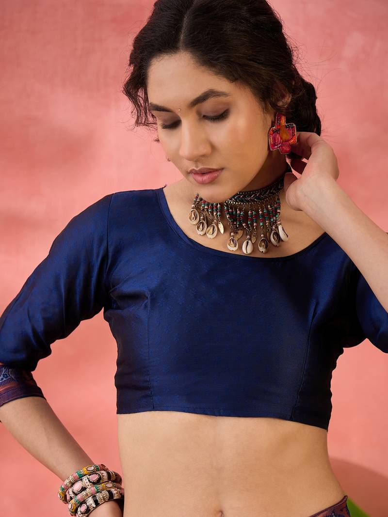 navy blue Poly silk blend Saree with Blouse