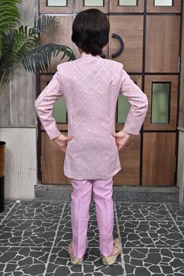 Pink lilac ethnic motifs jacquard sherwani & pant set for boys 2