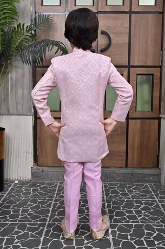Pink lilac ethnic motifs jacquard sherwani & pant set for boys