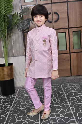 Pink lilac ethnic motifs jacquard sherwani & pant set for boys