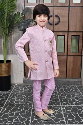 Pink lilac ethnic motifs jacquard sherwani & pant set for boys 4
