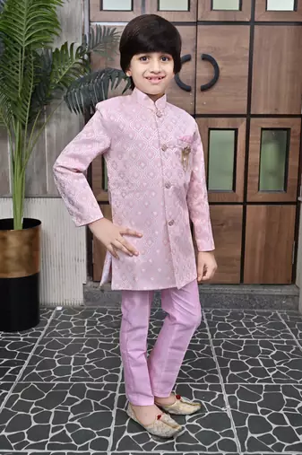 Pink lilac ethnic motifs jacquard sherwani & pant set for boys