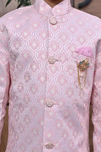 Pink lilac ethnic motifs jacquard sherwani & pant set for boys