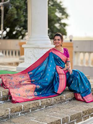 Blue Soft Paithani Silk Blend Saree 1